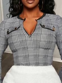 Slaydiva Front Zipper Houndstooth T-Shirt - Black and White - View 1