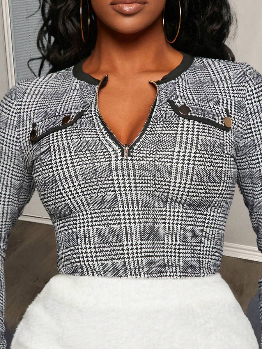 Slaydiva Front Zipper Houndstooth T-Shirt - Black and White - View 1