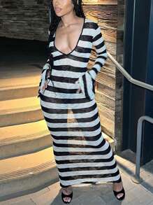 Women's Striped Print Deep V-Neck Long Sleeve Dress, Suitable For Summer - Black and White - View 1