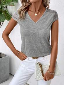 SHEIN Clasi Camiseta Con Cuello En V Con Panel De Encaje De Color Sólido - Gris - Ver 5