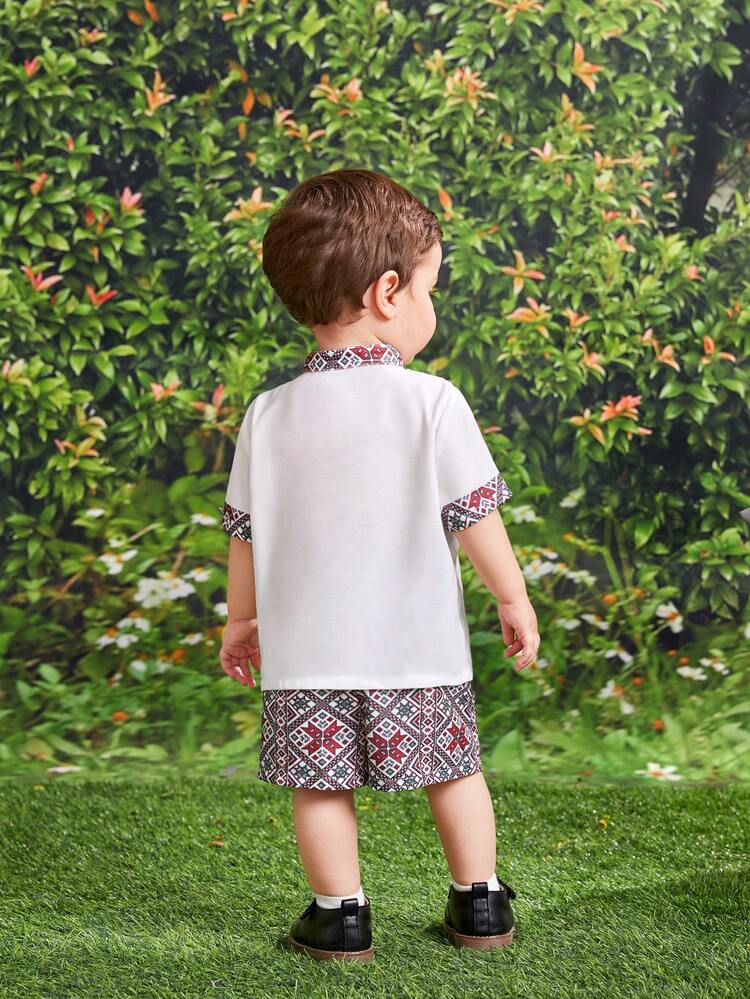 Baby Boys' Geometric Print Half Placket Polo Shirt With Small Collar And Shorts Casual 2pcs/Set