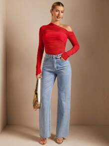 SHEIN BAE 露肩褶皺透視合身 T 卹 - 紅色 - 查看 4