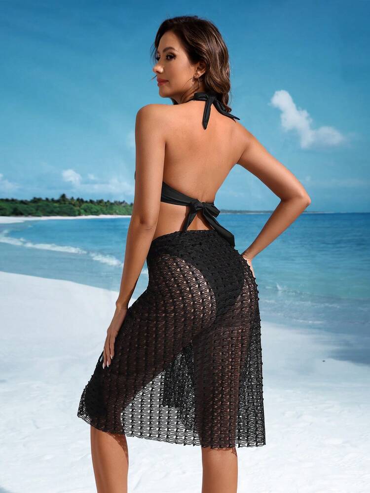 Women's Solid Color Halter Neck Separates Bikini Set (3pcs), Bikini Set Swimwear With Cover Up Skirt Bathing Suit Beach Outfit Summer Vacation Summer Beach