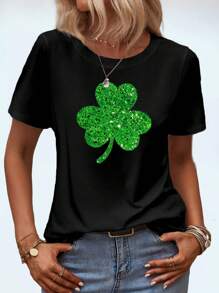 SHEIN LUNE 女款三葉草印花休閒短袖 T 卹 - 黑色 - 查看 1