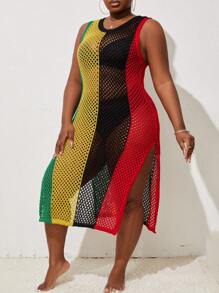 SHEIN Slayr CURVE Summer Beach Plus Size Color Block Hollow Out Knit Cover Up - Multicolor - View 3