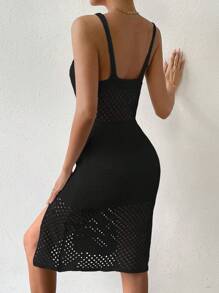 SHEIN Swim 纯色镂空高开叉无袖罩衫连衣裙，适合度假、夏季海滩 - 黑色 - 查看 2