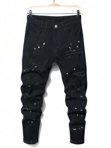 SHEIN Teen Boy Black Stylish Throw Paint Ripped Jeans ,For Spring And Summer - Black - View 1