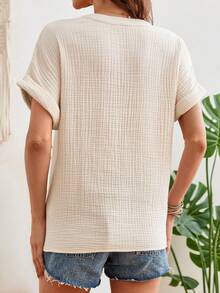 SHEIN LUNE Women' Solid Color Notched Neck Batwing Sleeve Shirt - Apricot - View 2