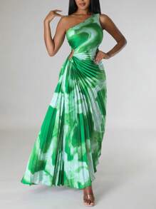 Chiquease Tie Dye Hollow Out One Shoulder Pleated Dress - Green - View 2