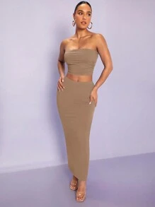 SHEIN BAE 女士純色束身上衣和裙子套裝,帶皺摺設計 - 卡其色 - 查看 6