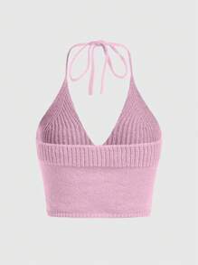 ROMWE Fairycore Starfish Embroidery Tie Backless Halter Knit Top - Pink - View 2