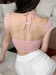 DAZY Của phụ nữ Ngắn tay Áo thun Với Loại bướm & Pha lê Chỉnh trang Cái cổ Dây đeo - Hồng - Xem 5