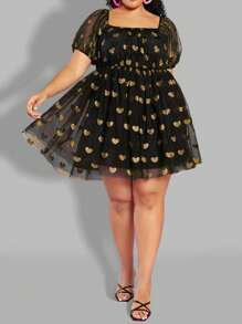 SHEIN CURVE+ 大碼心型設計網紗裙,帶金箔印花和收腰設計 - 金色 - 查看 7