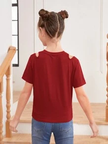SHEIN Tween Girl Dệt Kim Trái Tim In Hình Cong Viền Áo Thun Nữ Tay Ngắn Đơn Giản Với Vai Cut Out Và Chi Tiết Xoắn - Màu Đỏ Sâu - Xem 2
