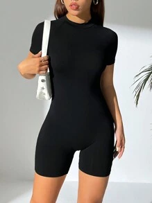 SHEIN PETITE Plain Color Tight-Fitting Jumpsuit Unitard With Raglan Sleeve - Black - View 1