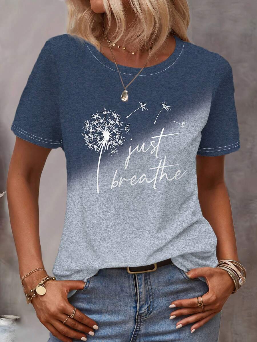 INAWLY Dandelion & Letter Printed Ombre Round Neck Short Sleeve T-Shirt For Spring/Summer - Multicolor - View 1