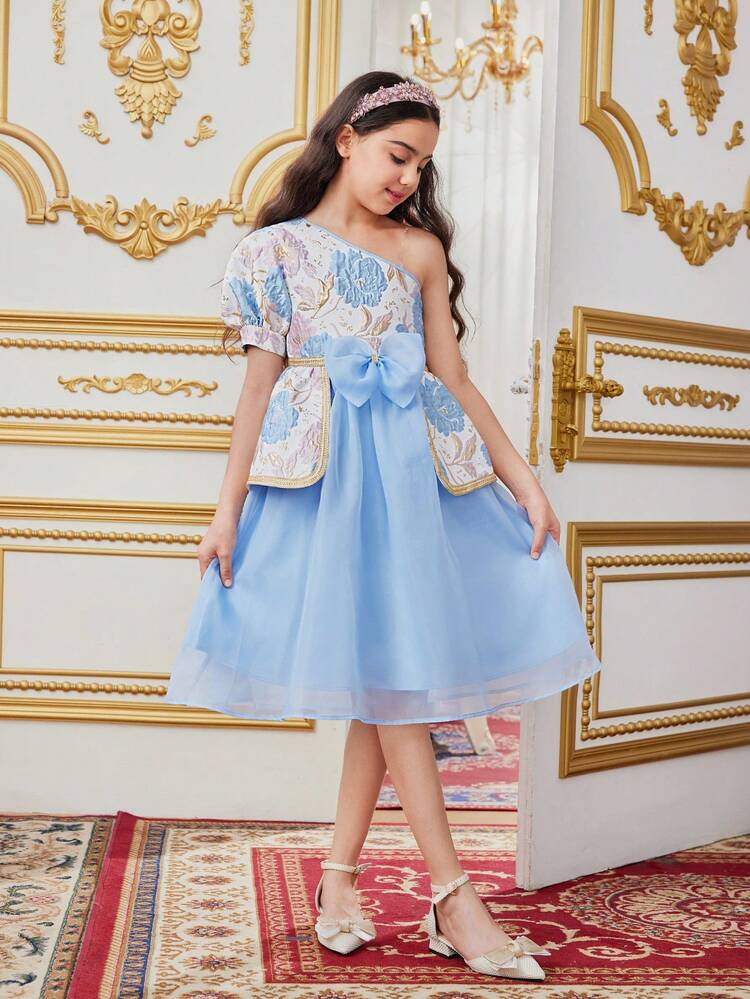Tween Girls' One-Shoulder Puff Sleeve Tulle Dress With Oversized Bowknot And Jacquard Splice