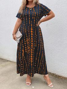 EMERY ROSE Plus Size Women's Loose Short Sleeve Dress With Round Neckline And Pockets, All-Over Print - Multicolor - View 3