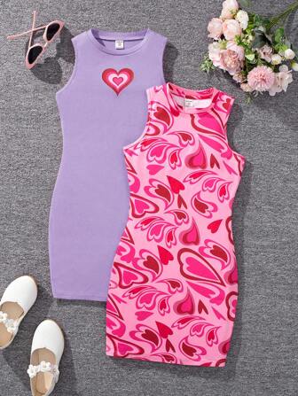 SHEIN Tween Girl Sporty Street Style Knitted Heart Print Round Neck Sleeveless Dress 2pcs/Set