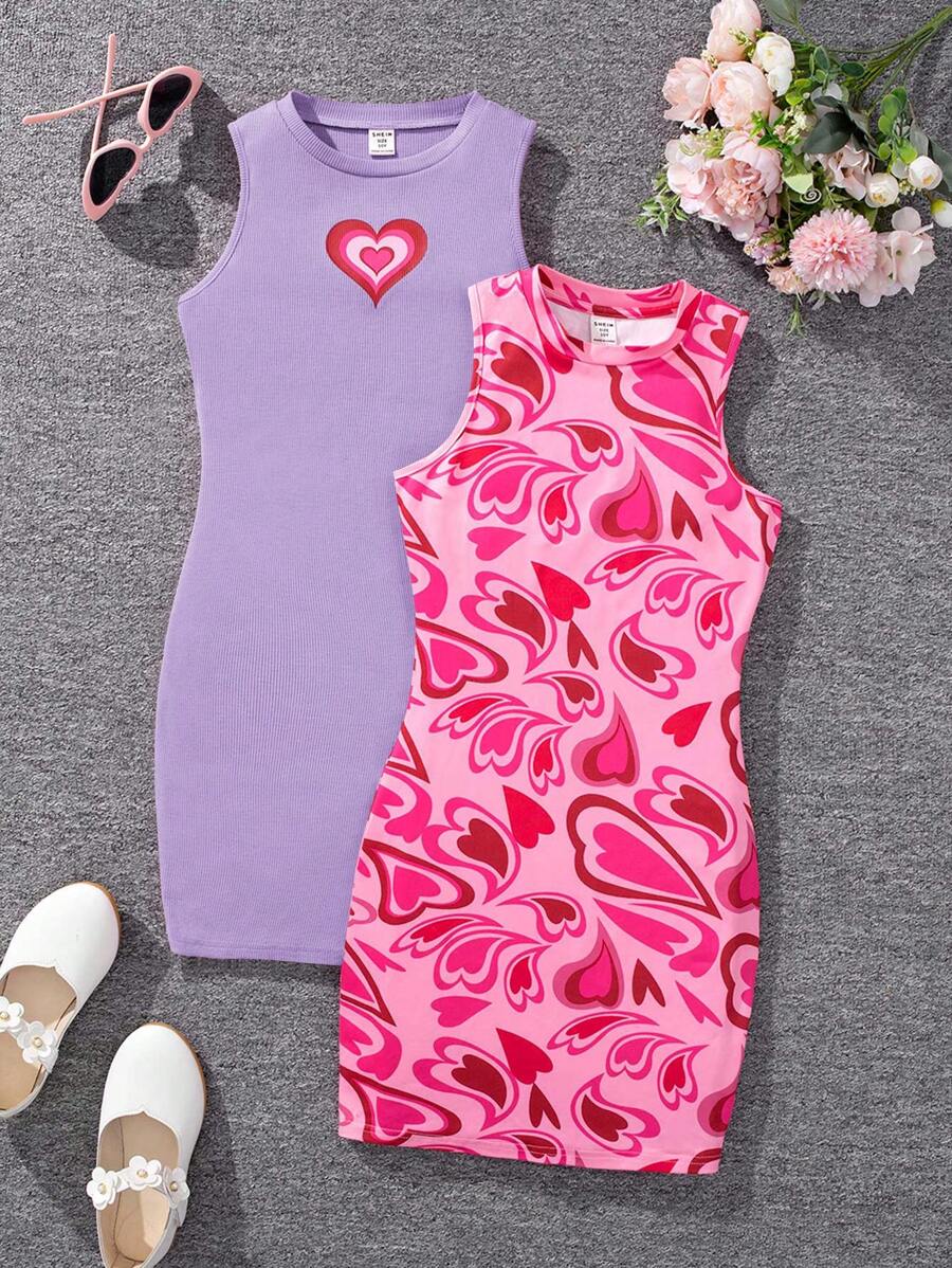 SHEIN Tween Girl Sporty Street Style Knitted Heart Print Round Neck Sleeveless Dress 2pcs/Set - Mauve Purple - View 1