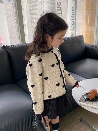Girls' Fashion Heart Pattern Button-Up Cardigan