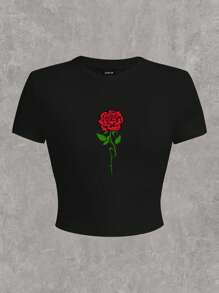 Slaydiva Casual Rose Pattern Round Neck Short Sleeve Cropped Slim-Fit Women's T-Shirt, Cotton Blend, Summer Suitable For Going Out