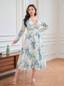 DAZY Elegant Floral Wrap Tea-Length Dress With Belt For Women, Fall Dress Long Sleeve Dress Easter Dress - Blue - View 5