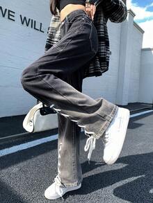 Ladies' Casual Gradient Color Tie Waist Straight Leg Jeans With Split Hem - Black - View 8