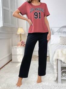 Bộ đồ ngủ in khối màu dành cho nữ có chữ cái tiếng Anh thể thao - Bụi hồng - Xem 6