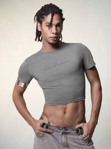 FeverCity Men's Slim Fit Cropped T-Shirt With Letter Print - Grey - View 5