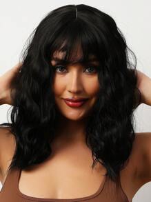 女士合成耐熱卷髮假髮,自然黑色長20英寸,整體機器製造,適用於日常使用 - 黑色 - 查看 3