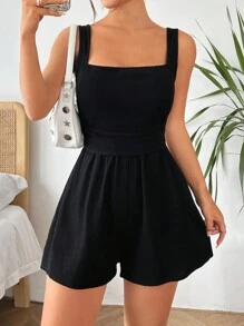 SHEIN EZwear Women's Solid Color Sleeveless Romper - Black - View 1