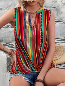SHEIN VCAY Blusa Sin Mangas De Rayas Coloridas Con Escote En V - Multicolor - Ver 5