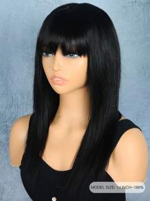 180% Density Straight Human Hair Wig With Bangs 12-14 Inch Natural Black Remy Scalp Top Full Machine Made Wigs For Women Daily Use