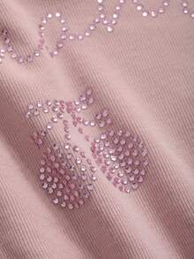 DAZY Của phụ nữ Pha lê Nghệ Embellished Đứng cổ áo Ngắn tay Áo thun - Hồng - Xem 9