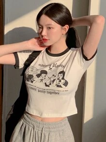 DAZY Damen T-Shirt mit Cartoon Motiv und Slogan, grafische T-Shirts