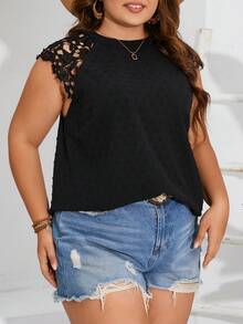 SHEIN Frenchy 大码蕾丝拼接后背插肩袖、圆领、度假、无袖衬衫 - 黑色 - 查看 3