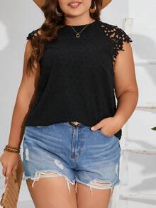 SHEIN Frenchy 大码蕾丝拼接后背插肩袖、圆领、度假、无袖衬衫 - 黑色 - 查看 6