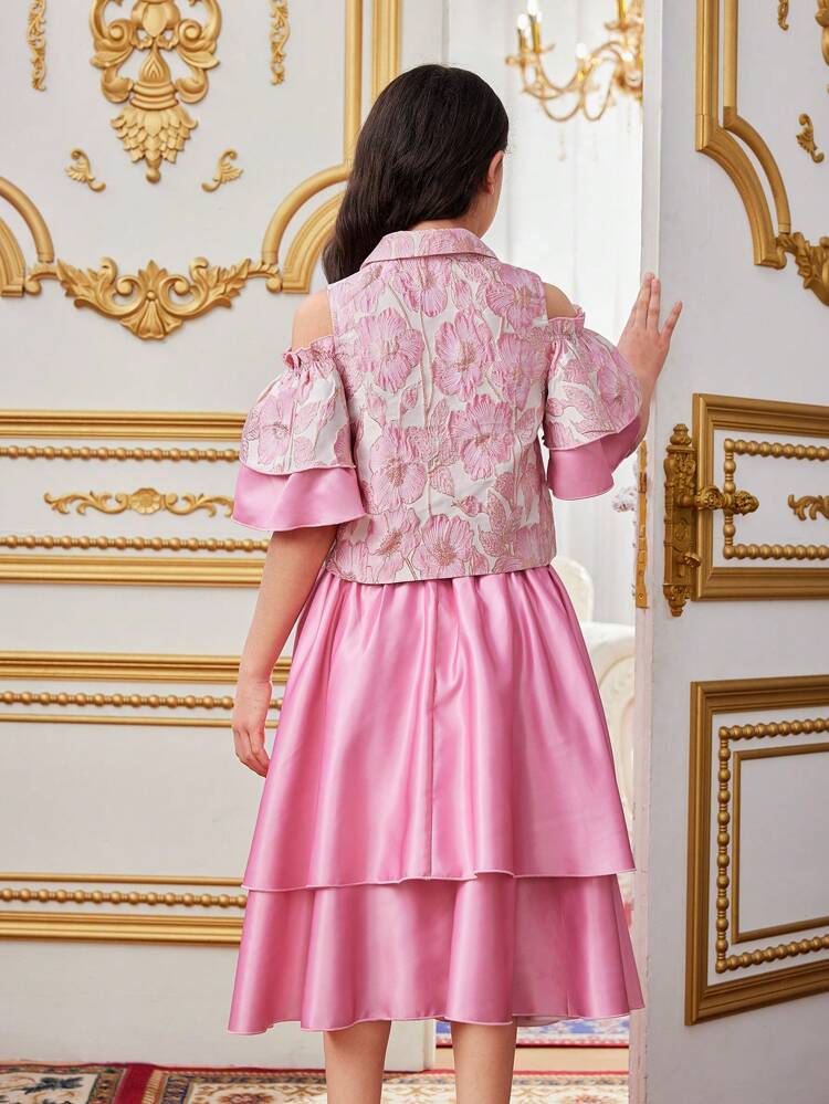 Tween Girl Cute Ruffle Trimmed Floral Jacquard Blazer With Cold-Shoulder Neckline And Satin Skirt Two Pieces Set
