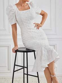 Modelyn Women's Solid Color Jacquard Square Neckline Puff Sleeve Ruffle Hem Bubble Dress - White - View 1