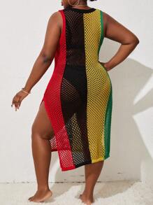 SHEIN Slayr CURVE Summer Beach Plus Size Color Block Hollow Out Knit Cover Up - Multicolor - View 2