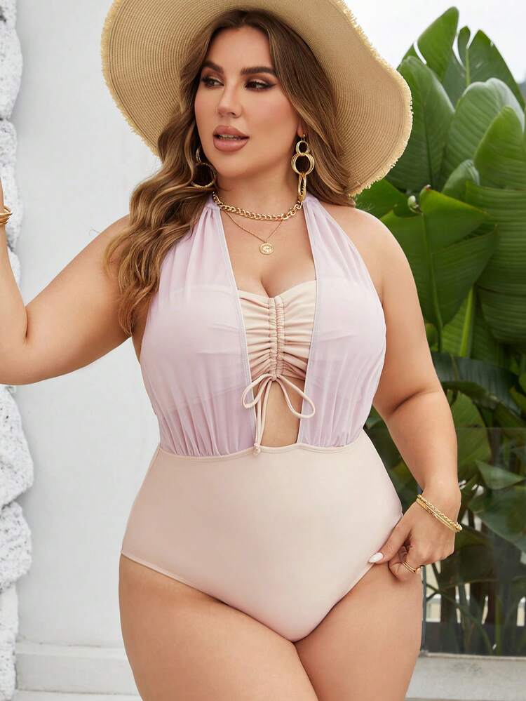 プラスサイズのカラーブロック スプライス ワンピース水着 2in1スタイル、水着ビーチアウトフィット バカンスビブ夏