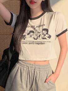 DAZY Damen T-Shirt mit Cartoon Motiv und Slogan, grafische T-Shirts