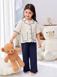 SHEIN Young Girl Loose And Cute Color-Blocking Collar-Turned Short Sleeve Shirt And Wide Leg Pants Pajama Set, 2pcs - Navy Blue - View 2