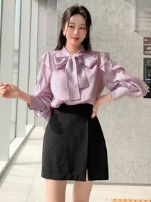 DAZY Bow Knot Tie Neck Chiffon Ruffle Hem Blouse - Purple - View 1