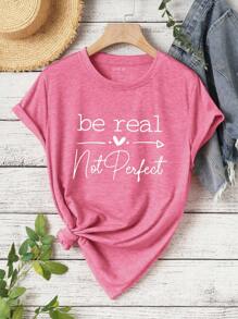 SHEIN LUNE Camiseta de manga corta con estampado de corazón y eslogan "Sé real, no perfecto" para mujer - Rosa Fucsia - Ver 5