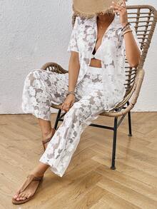 SHEIN Swim 女性花卉網紗短袖和服外套 - 白色 - 查看 6