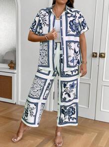 SHEIN LUNE Plus Size Floral Scarf Print Shirt And Wide Leg Pants Two Pieces Set - Purple - View 5