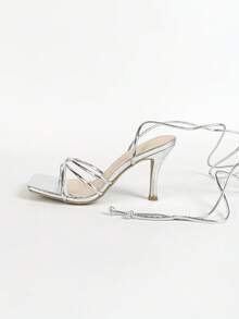 女士高跟涼鞋,銀色方頭,針跟,開襠,性感帶狀高跟鞋,時尚女鞋 - 銀色 - 查看 5