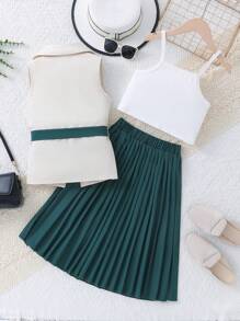 Bộ áo khoác thắt lưng và váy xếp ly có cổ màu trơn của Tween Girl - Màu xanh lá cây đậm - Xem 2